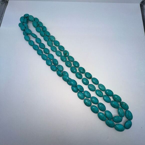 Turquoise Colored Dyed Stone Necklace EXTRA LONG 76" Runway Knotted Strand - Picture 5 of 7
